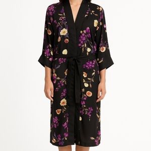 DJ & Juju Black Pink Floral Kimono Sleepwear Feminine Flowy Oversized Kimono SzM